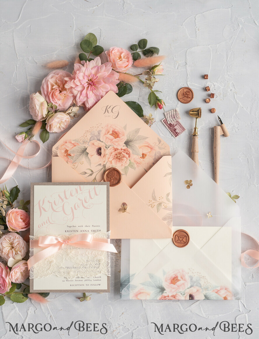 WEDDING INVITATIONS vintage lace/ rustic lace Rustic Wedding Invitations Eco Romantic Presonalized Invites Peach Floral with Ivory Lace