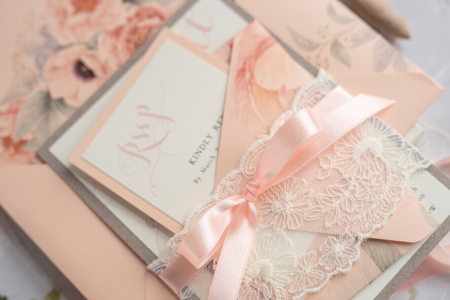 WEDDING INVITATIONS vintage lace/ rustic lace Rustic Wedding Invitations Eco Romantic Presonalized Invites Peach Floral with Ivory Lace