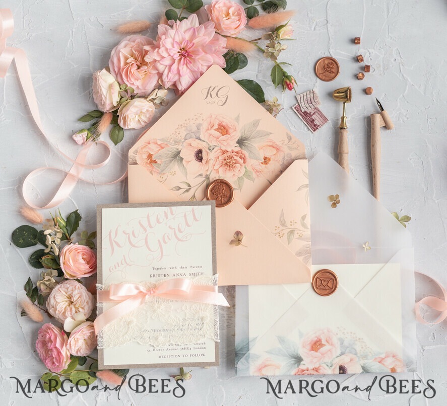WEDDING INVITATIONS vintage lace/ rustic lace Rustic Wedding Invitations Eco Romantic Presonalized Invites Peach Floral with Ivory Lace