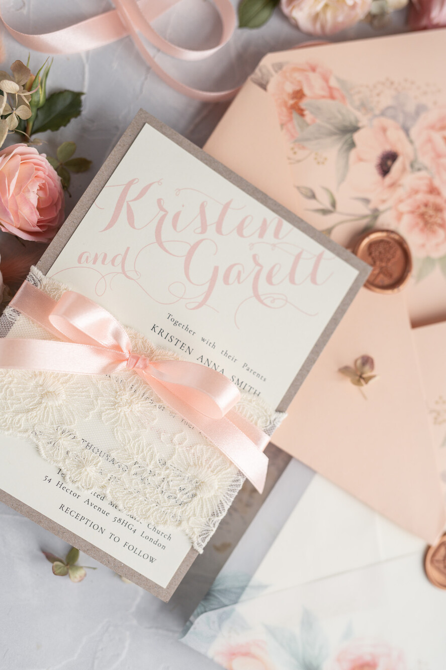 WEDDING INVITATIONS vintage lace/ rustic lace Rustic Wedding Invitations Eco Romantic Presonalized Invites Peach Floral with Ivory Lace