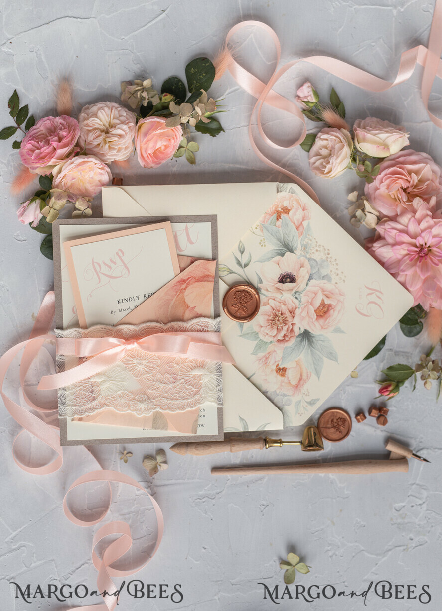 WEDDING INVITATIONS vintage lace/ rustic lace Rustic Wedding Invitations Eco Romantic Presonalized Invites Peach Floral with Ivory Lace
