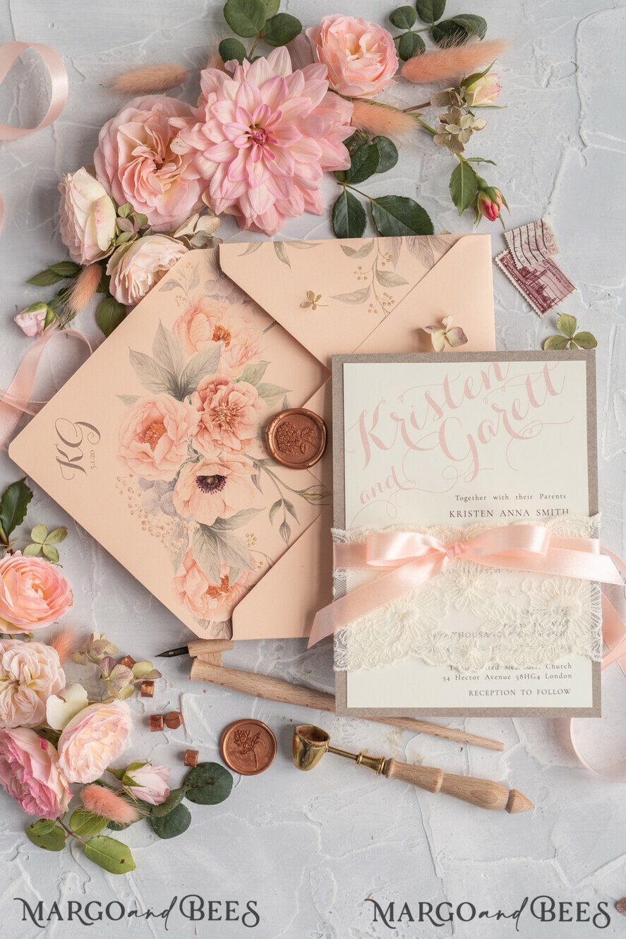 WEDDING INVITATIONS vintage lace/ rustic lace Rustic Wedding Invitations Eco Romantic Presonalized Invites Peach Floral with Ivory Lace