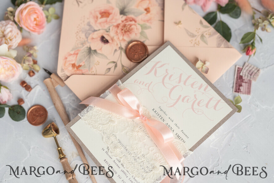 WEDDING INVITATIONS vintage lace/ rustic lace Rustic Wedding Invitations Eco Romantic Presonalized Invites Peach Floral with Ivory Lace