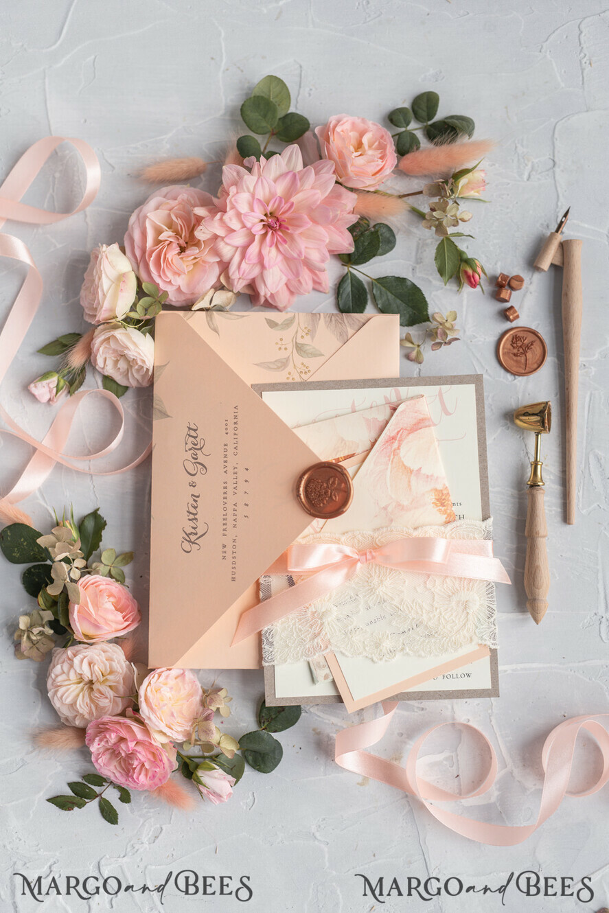 WEDDING INVITATIONS vintage lace/ rustic lace Rustic Wedding Invitations Eco Romantic Presonalized Invites Peach Floral with Ivory Lace