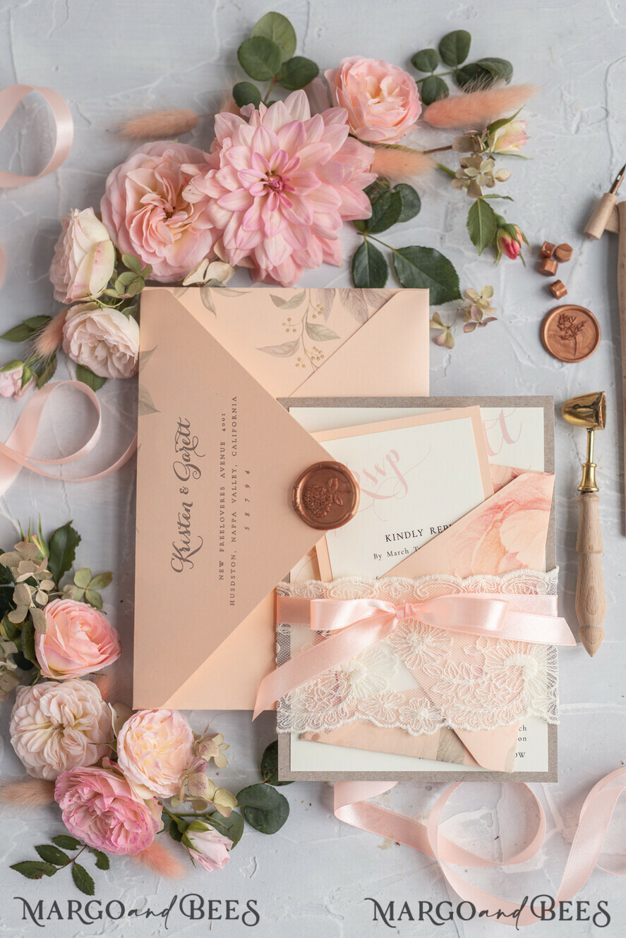 WEDDING INVITATIONS vintage lace/ rustic lace Rustic Wedding Invitations Eco Romantic Presonalized Invites Peach Floral with Ivory Lace