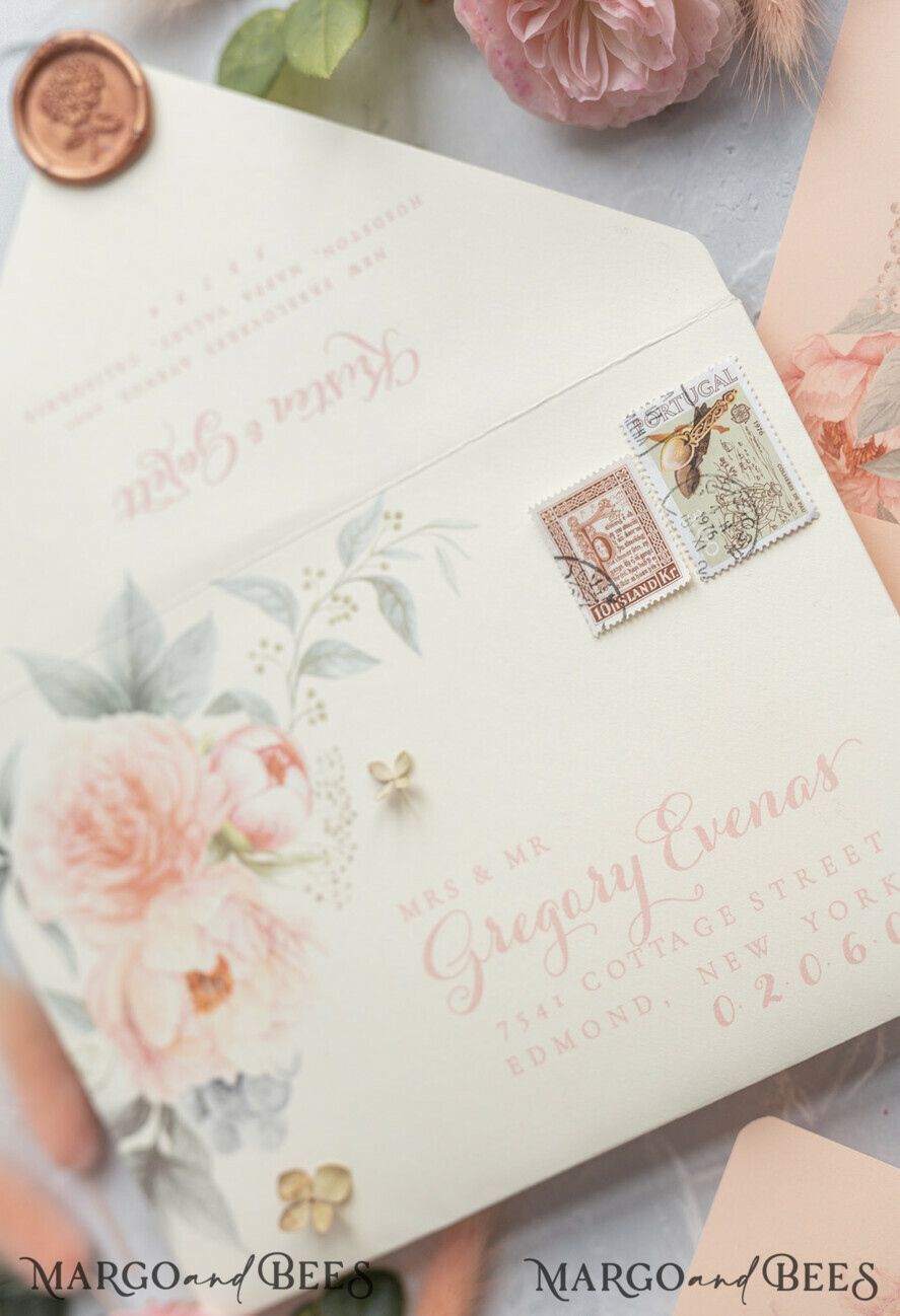 WEDDING INVITATIONS vintage lace/ rustic lace Rustic Wedding Invitations Eco Romantic Presonalized Invites Peach Floral with Ivory Lace