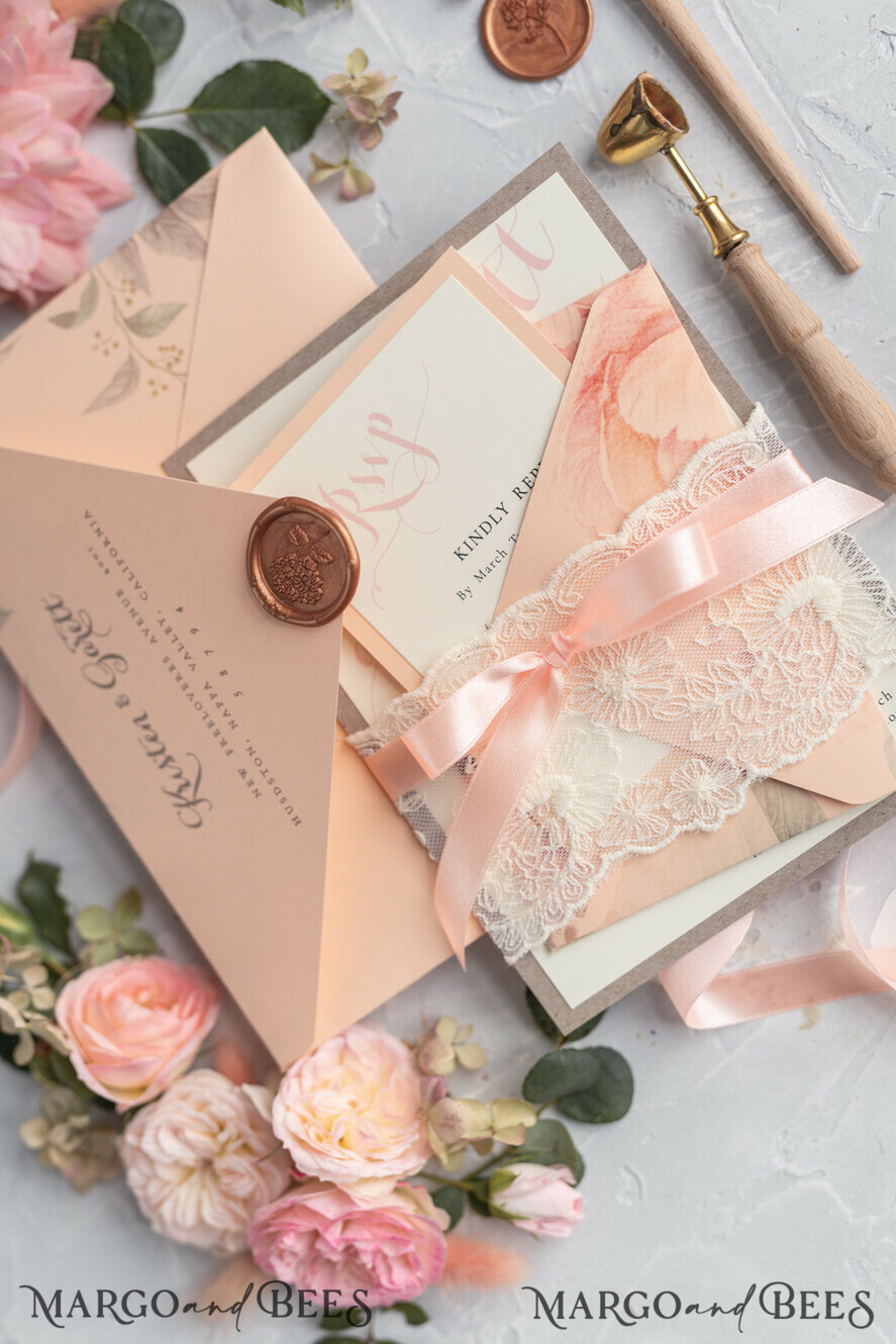 WEDDING INVITATIONS vintage lace/ rustic lace Rustic Wedding Invitations Eco Romantic Presonalized Invites Peach Floral with Ivory Lace