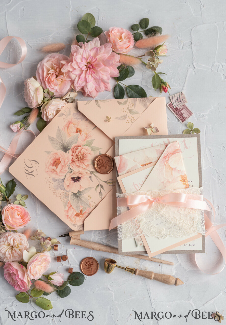 WEDDING INVITATIONS vintage lace/ rustic lace Rustic Wedding Invitations Eco Romantic Presonalized Invites Peach Floral with Ivory Lace