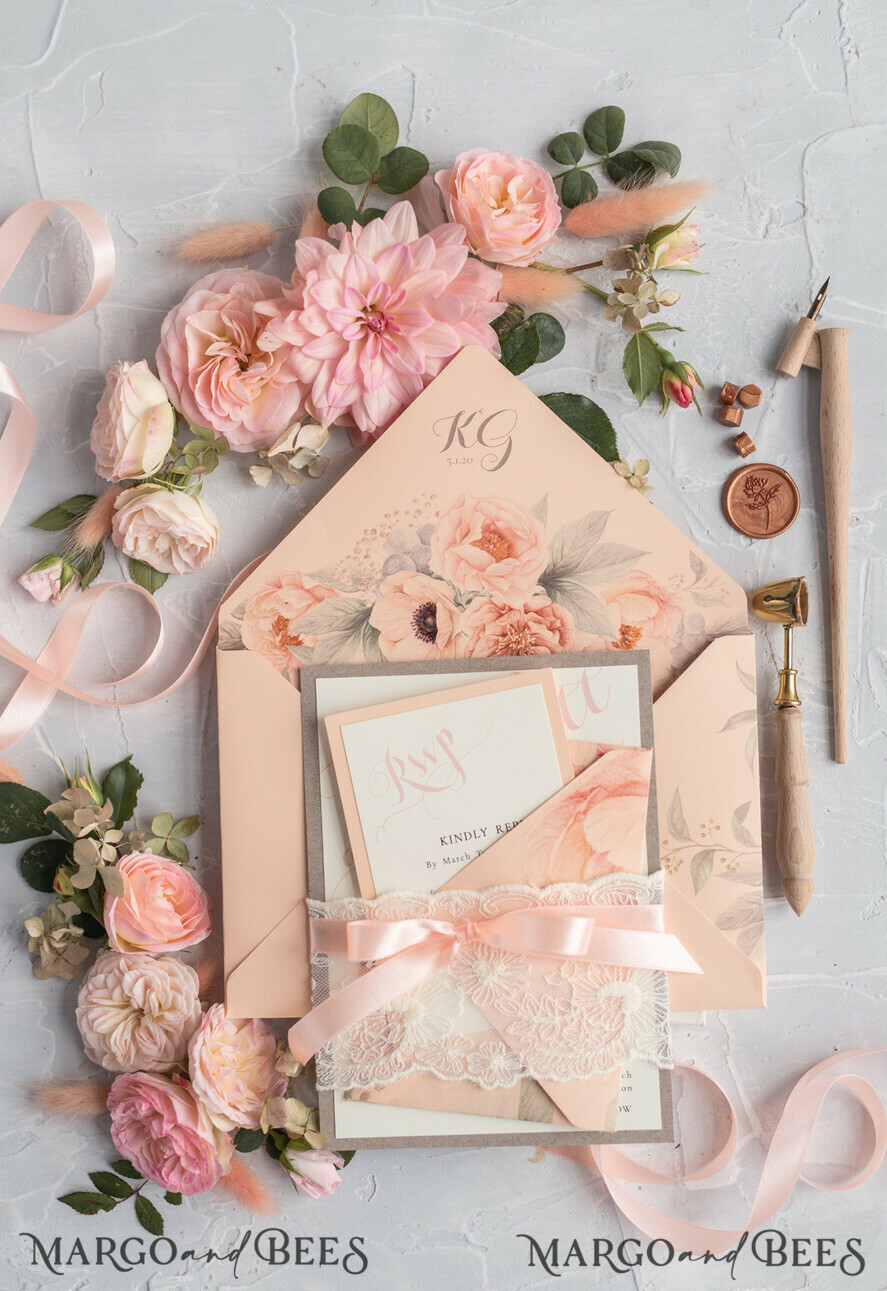 WEDDING INVITATIONS vintage lace/ rustic lace Rustic Wedding Invitations Eco Romantic Presonalized Invites Peach Floral with Ivory Lace