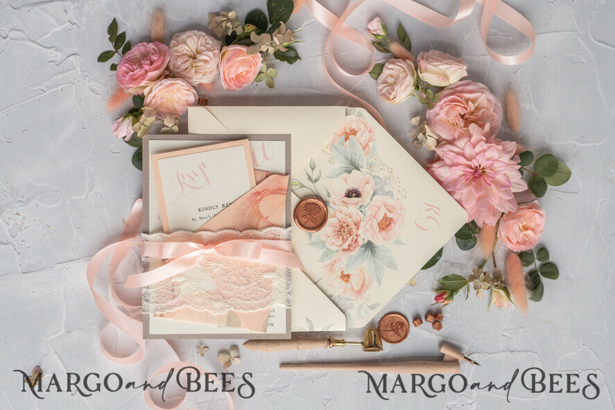 WEDDING INVITATIONS vintage lace/ rustic lace Rustic Wedding Invitations Eco Romantic Presonalized Invites Peach Floral with Ivory Lace