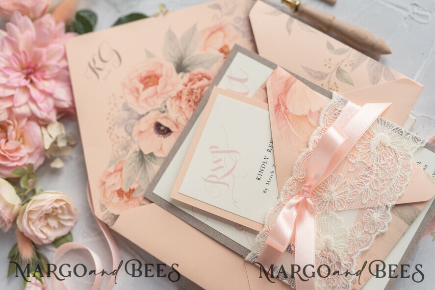 WEDDING INVITATIONS vintage lace/ rustic lace Rustic Wedding Invitations Eco Romantic Presonalized Invites Peach Floral with Ivory Lace