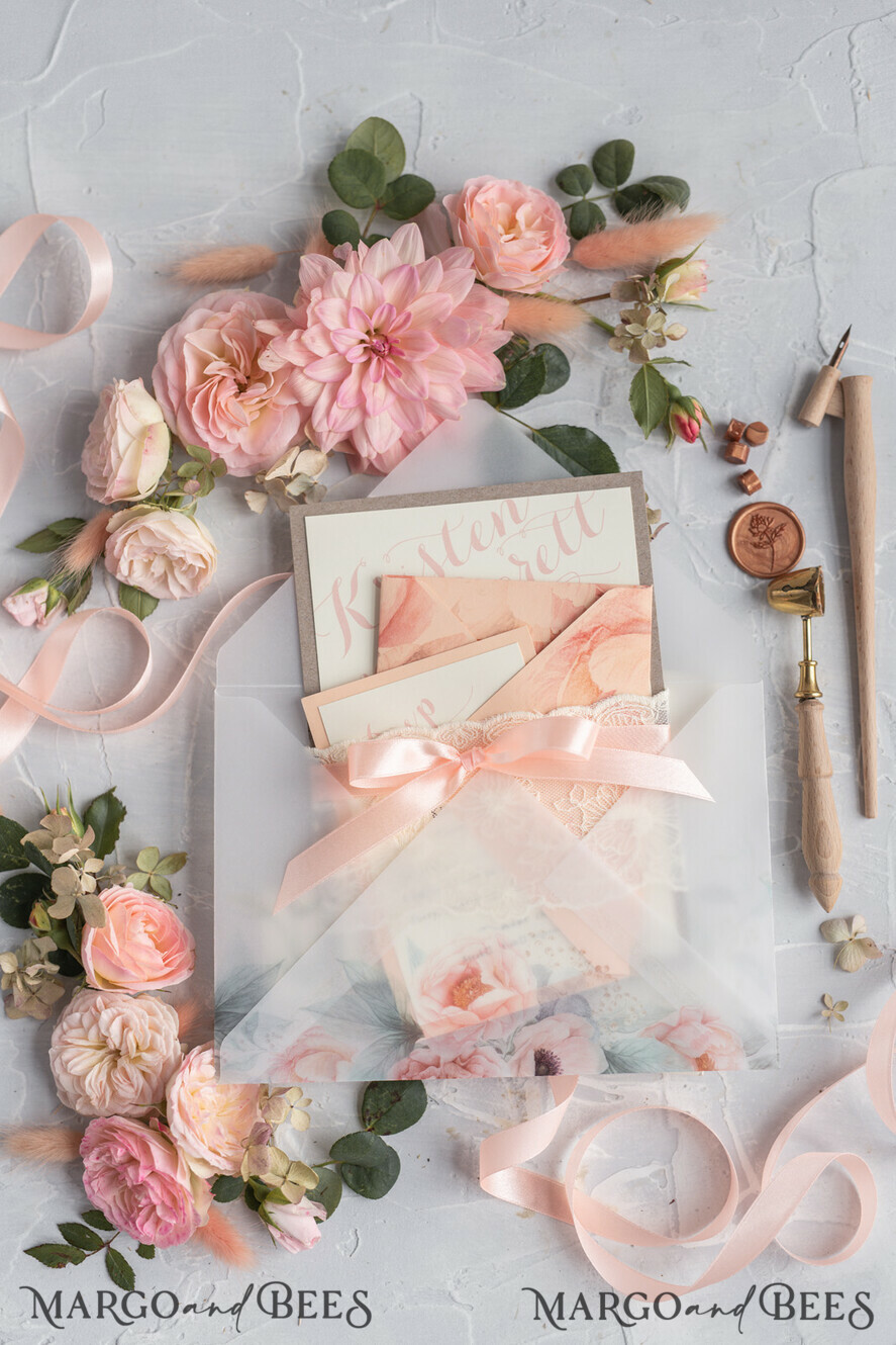 WEDDING INVITATIONS vintage lace/ rustic lace Rustic Wedding Invitations Eco Romantic Presonalized Invites Peach Floral with Ivory Lace