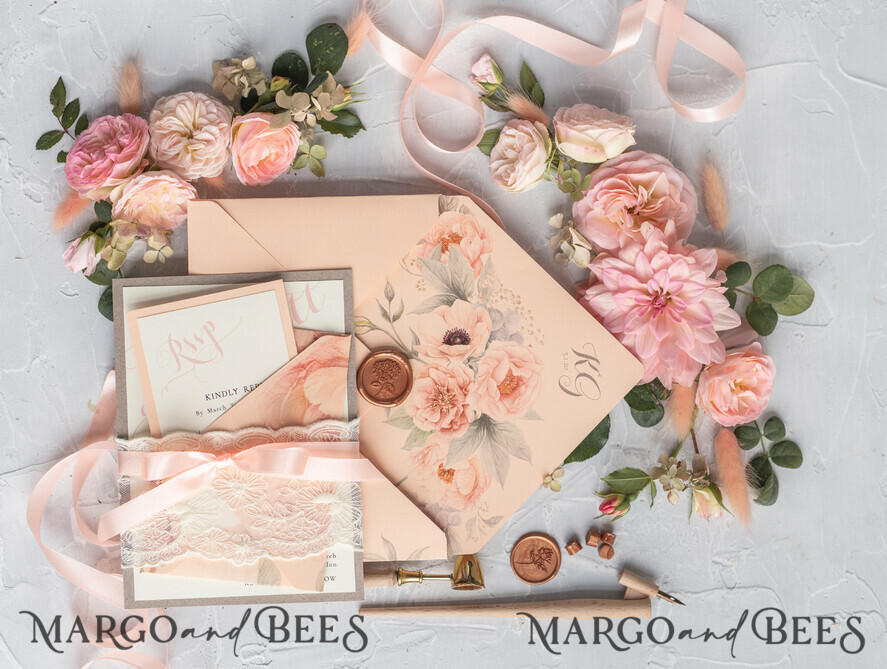 WEDDING INVITATIONS vintage lace/ rustic lace Rustic Wedding Invitations Eco Romantic Presonalized Invites Peach Floral with Ivory Lace