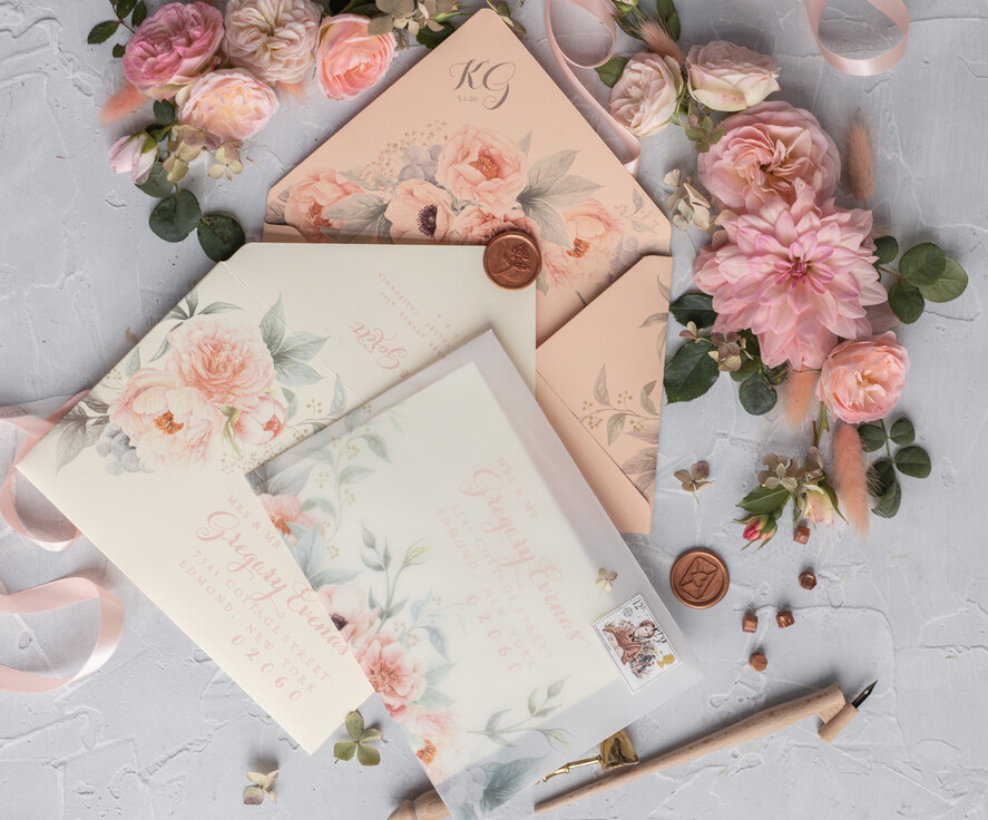 WEDDING INVITATIONS vintage lace/ rustic lace Rustic Wedding Invitations Eco Romantic Presonalized Invites Peach Floral with Ivory Lace