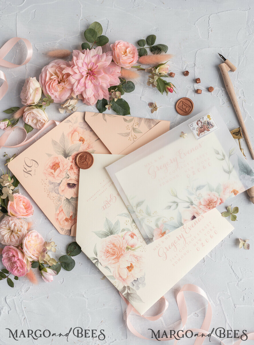 WEDDING INVITATIONS vintage lace/ rustic lace Rustic Wedding Invitations Eco Romantic Presonalized Invites Peach Floral with Ivory Lace