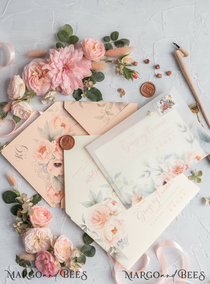 WEDDING INVITATIONS vintage lace/ rustic lace Rustic Wedding Invitations Eco Romantic Presonalized Invites Peach Floral with Ivory Lace