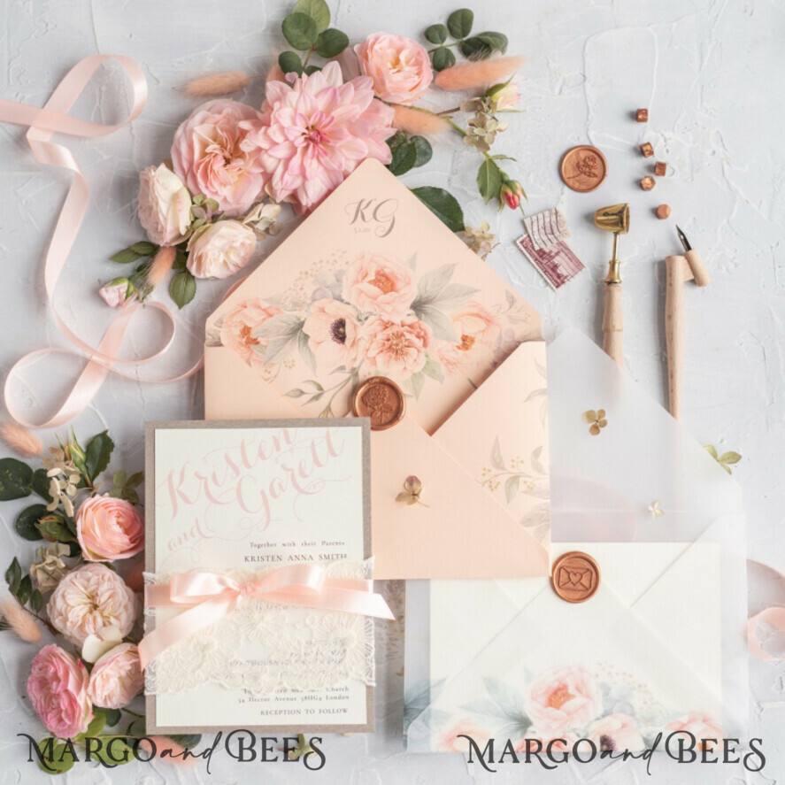WEDDING INVITATIONS vintage lace/ rustic lace Rustic Wedding Invitations Eco Romantic Presonalized Invites Peach Floral with Ivory Lace