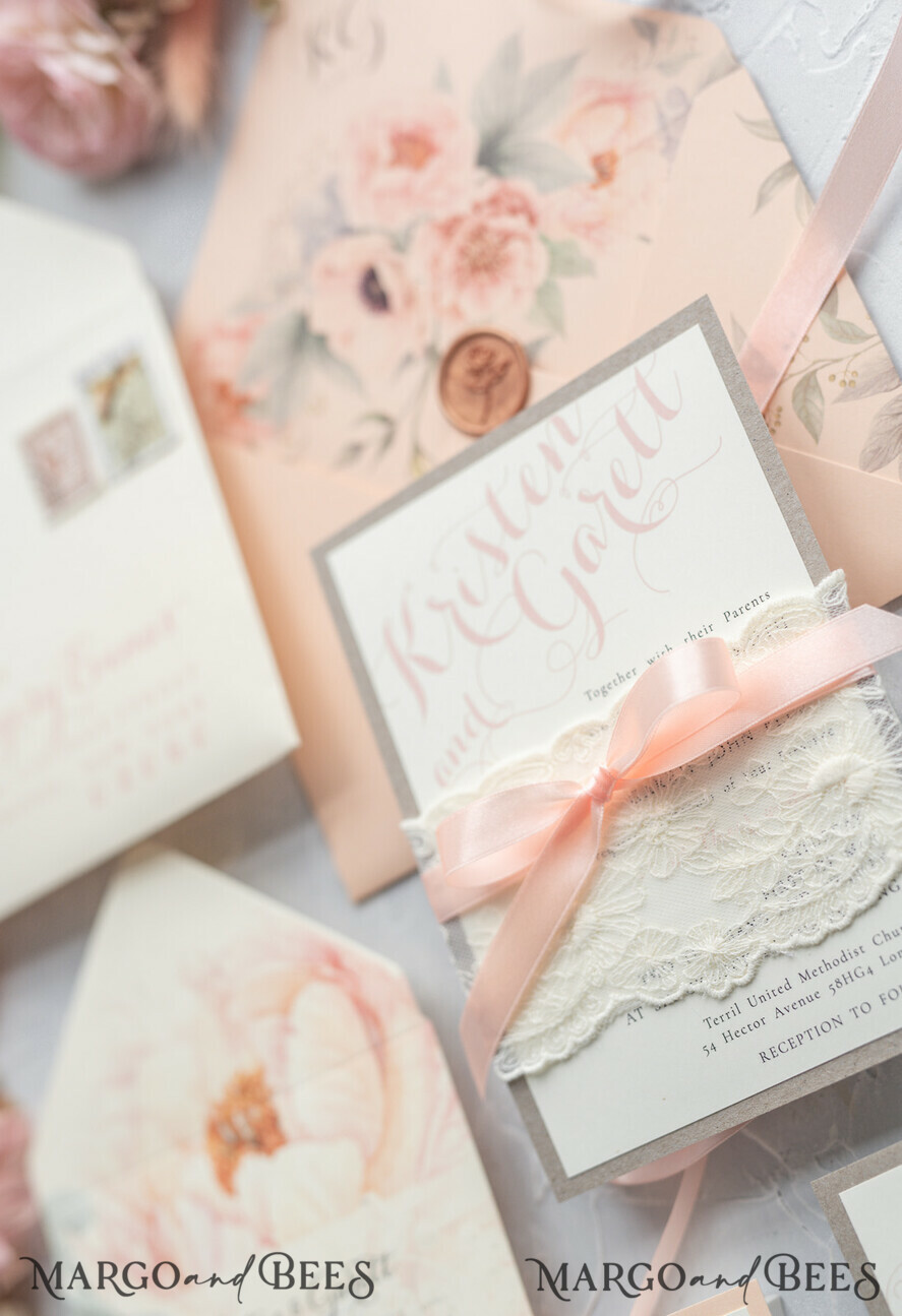 WEDDING INVITATIONS vintage lace/ rustic lace Rustic Wedding Invitations Eco Romantic Presonalized Invites Peach Floral with Ivory Lace