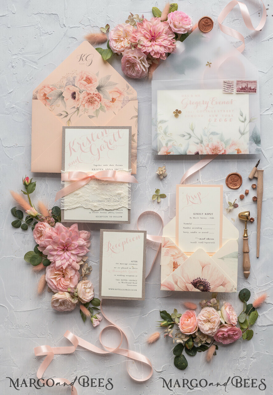 WEDDING INVITATIONS vintage lace/ rustic lace Rustic Wedding Invitations Eco Romantic Presonalized Invites Peach Floral with Ivory Lace