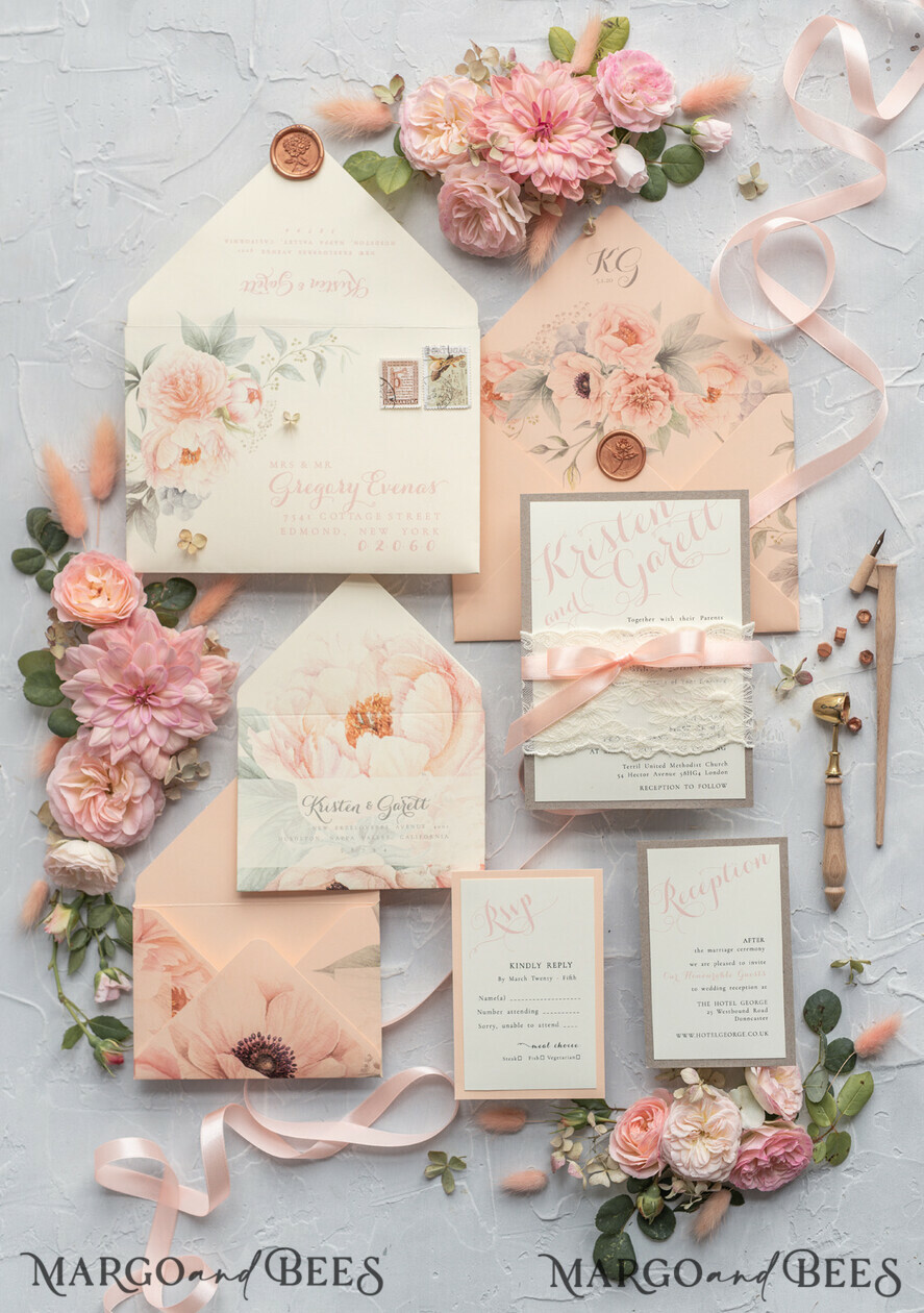 WEDDING INVITATIONS vintage lace/ rustic lace Rustic Wedding Invitations Eco Romantic Presonalized Invites Peach Floral with Ivory Lace