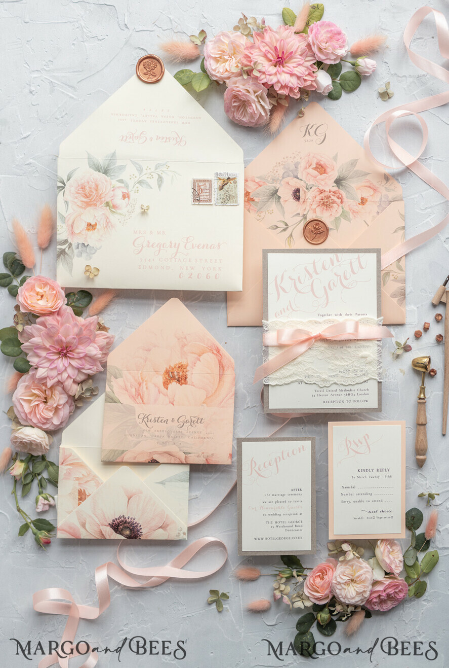WEDDING INVITATIONS vintage lace/ rustic lace Rustic Wedding Invitations Eco Romantic Presonalized Invites Peach Floral with Ivory Lace
