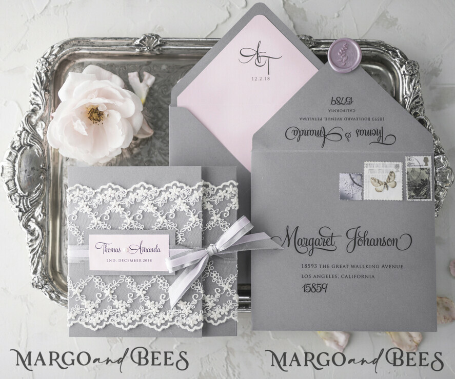 WEDDING INVITATIONS vintage lace/ rustic lace Personalised Wedding invitations lace glamour stationery gold