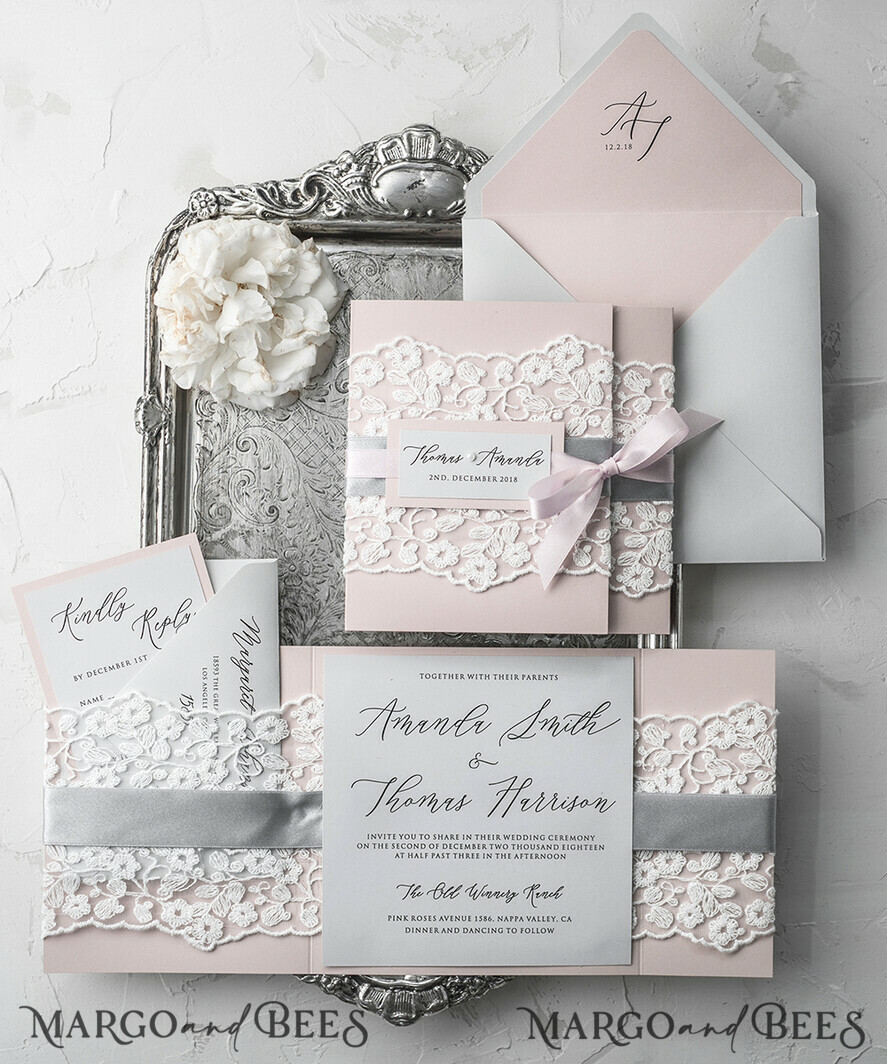 WEDDING INVITATIONS vintage lace/ rustic lace Vintage Lace Affordable Wedding Invitations Elegant Invites Grey and Blush Pink