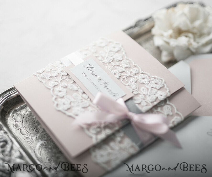 WEDDING INVITATIONS vintage lace/ rustic lace Vintage Lace Affordable Wedding Invitations Elegant Invites Grey and Blush Pink