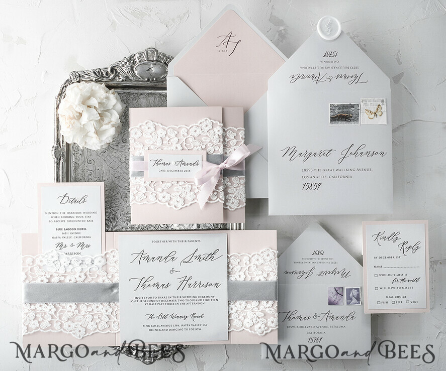 WEDDING INVITATIONS vintage lace/ rustic lace Vintage Lace Affordable Wedding Invitations Elegant Invites Grey and Blush Pink