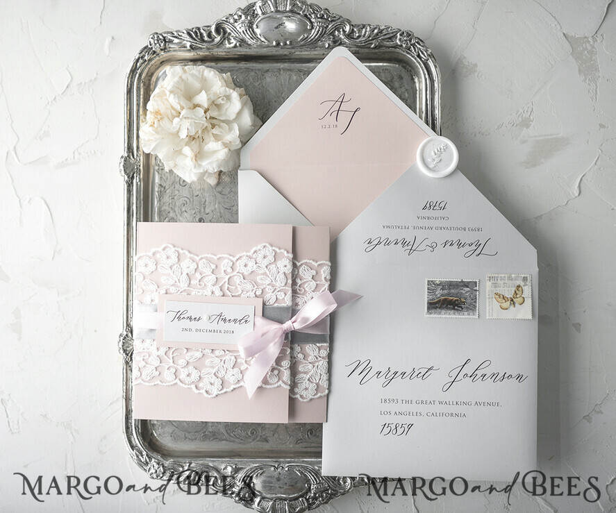 WEDDING INVITATIONS vintage lace/ rustic lace Vintage Lace Affordable Wedding Invitations Elegant Invites Grey and Blush Pink