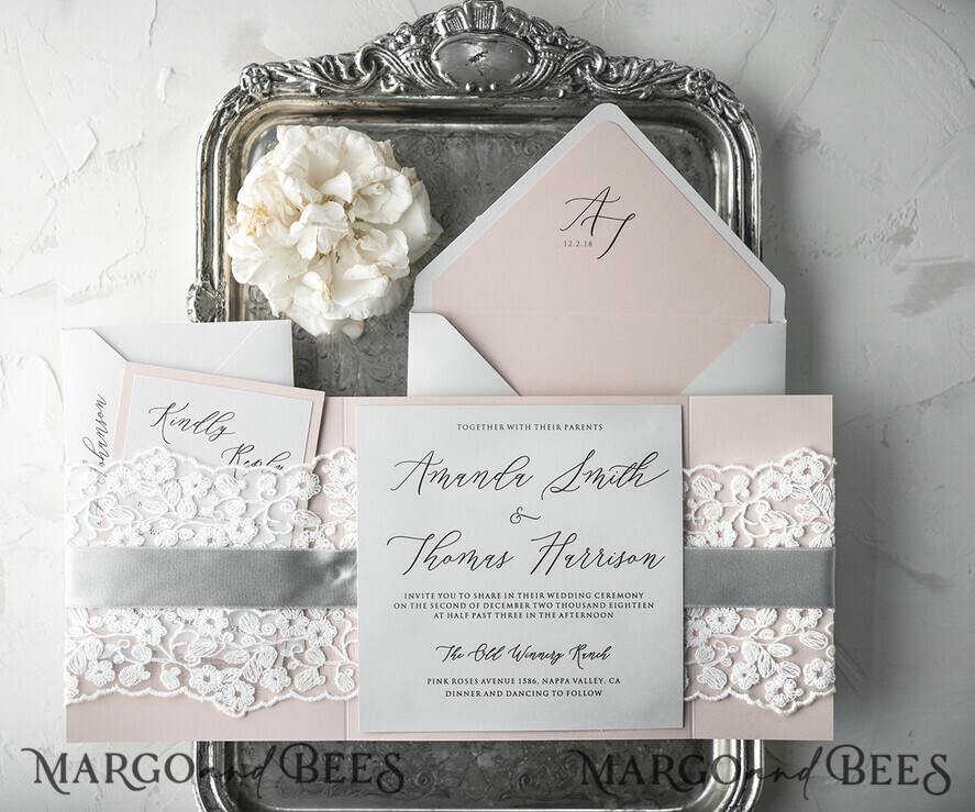 WEDDING INVITATIONS vintage lace/ rustic lace Vintage Lace Affordable Wedding Invitations Elegant Invites Grey and Blush Pink