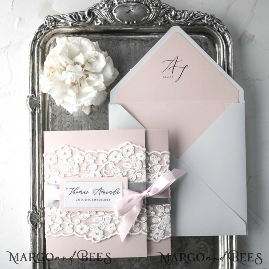 WEDDING INVITATIONS vintage lace/ rustic lace Vintage Lace Affordable Wedding Invitations Elegant Invites Grey and Blush Pink