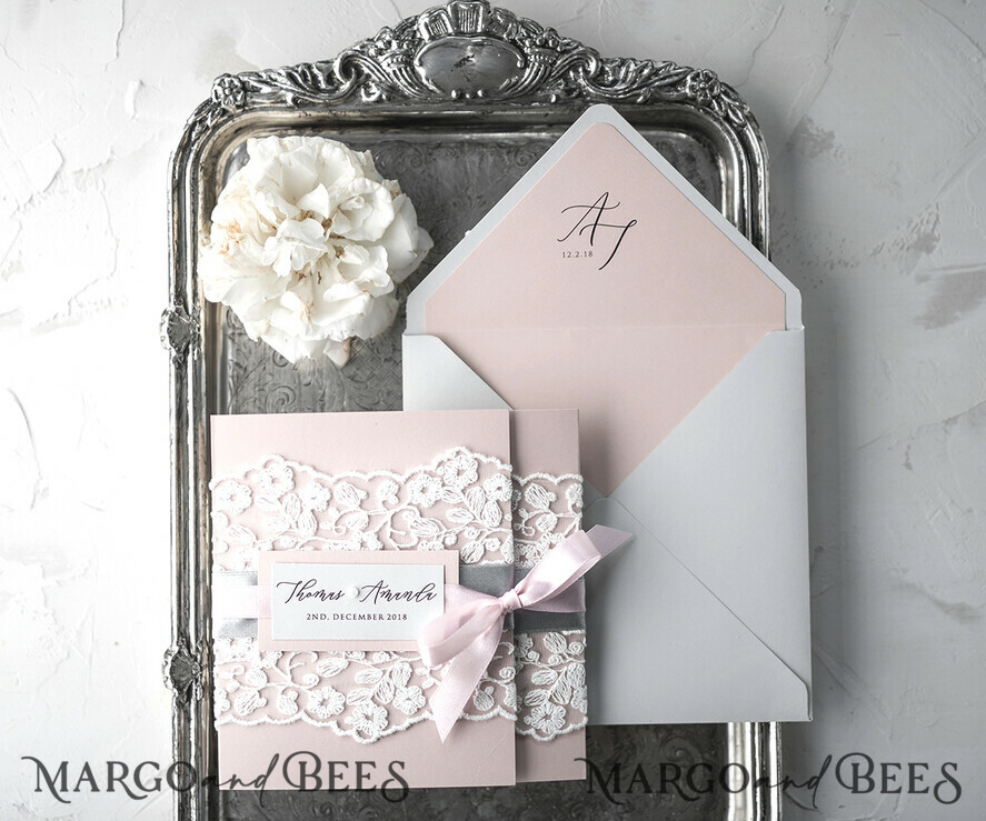 WEDDING INVITATIONS vintage lace/ rustic lace Vintage Lace Affordable Wedding Invitations Elegant Invites Grey and Blush Pink