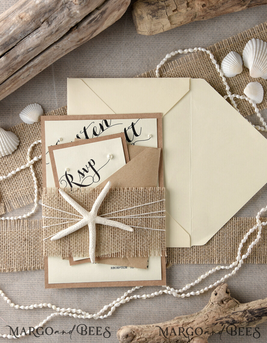WEDDING INVITATIONS passport to love/ beach wedding invites Beach Wedding invitations starfish burlap belly band Wedding Invites destination wedding Cards with pearls
