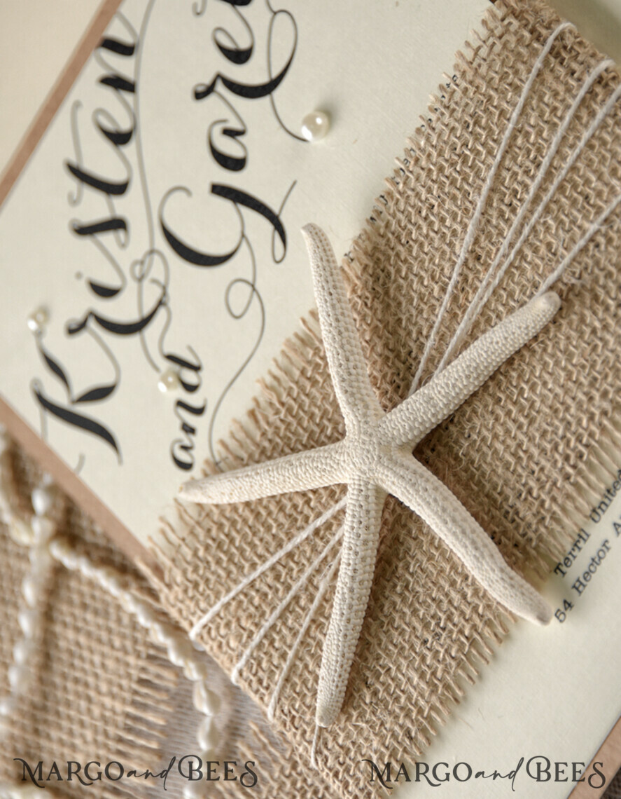 WEDDING INVITATIONS passport to love/ beach wedding invites Beach Wedding invitations starfish burlap belly band Wedding Invites destination wedding Cards with pearls