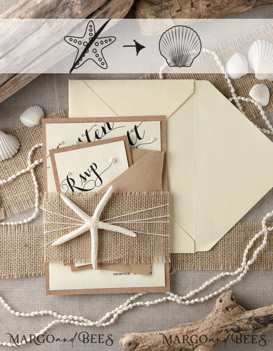 WEDDING INVITATIONS passport to love/ beach wedding invites Beach Wedding invitations starfish burlap belly band Wedding Invites destination wedding Cards with pearls