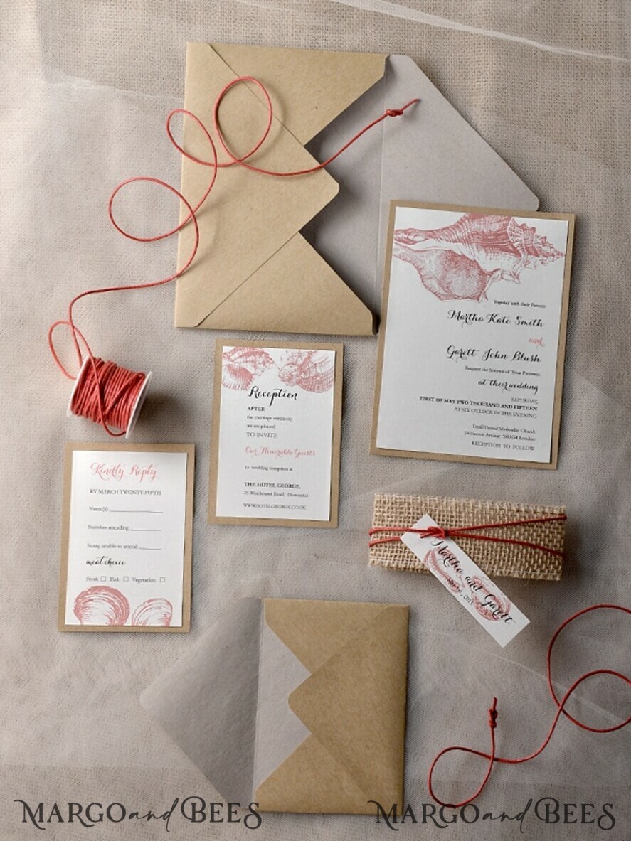 WEDDING INVITATIONS passport to love/ beach wedding invites Beach Wedding invitations Seashells Wedding Invites destination wedding Cards with burlap belly band