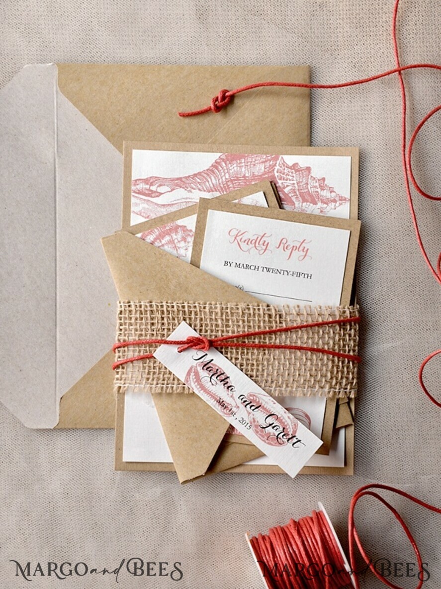 WEDDING INVITATIONS passport to love/ beach wedding invites Beach Wedding invitations Seashells Wedding Invites destination wedding Cards with burlap belly band
