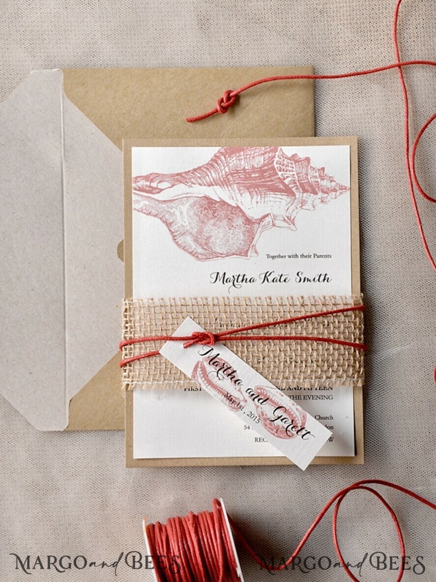 WEDDING INVITATIONS passport to love/ beach wedding invites Beach Wedding invitations Seashells Wedding Invites destination wedding Cards with burlap belly band