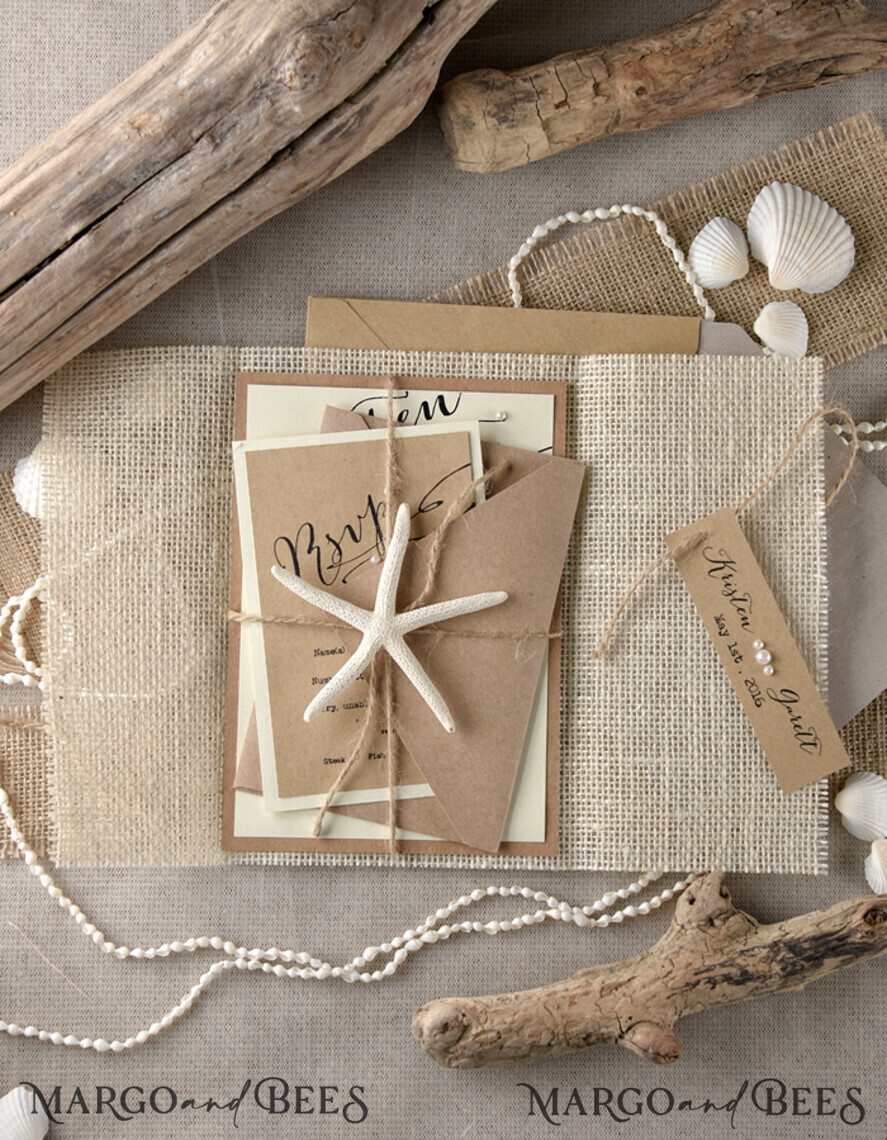 WEDDING INVITATIONS passport to love/ beach wedding invites Beach Wedding invitations Sea Shell Wedding Invites destination wedding Cards wit burlap wrapping