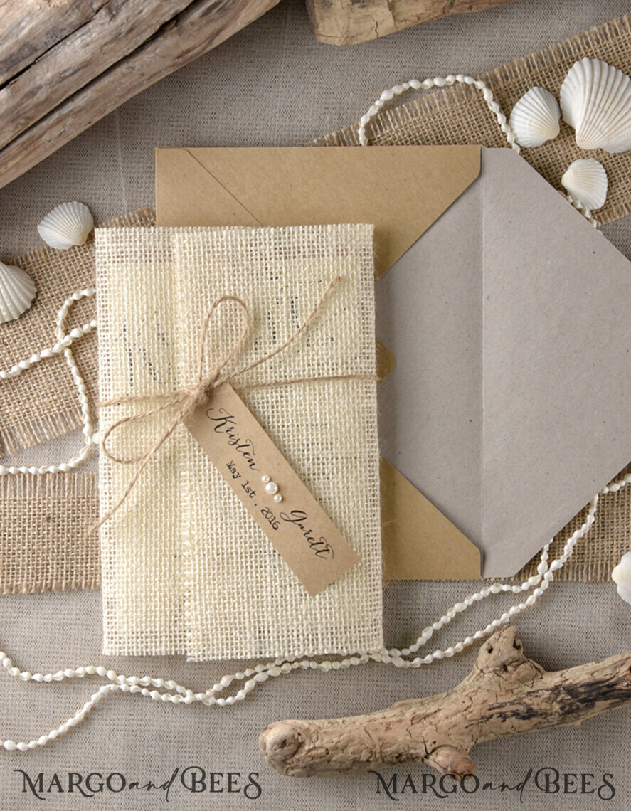 WEDDING INVITATIONS passport to love/ beach wedding invites Beach Wedding invitations Sea Shell Wedding Invites destination wedding Cards wit burlap wrapping