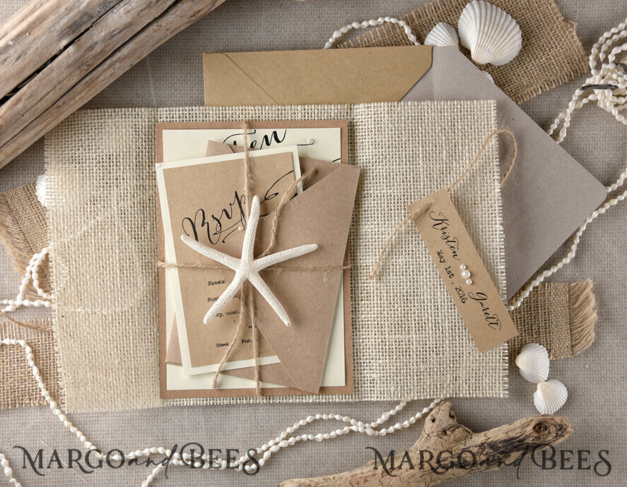WEDDING INVITATIONS passport to love/ beach wedding invites Beach Wedding invitations Sea Shell Wedding Invites destination wedding Cards wit burlap wrapping