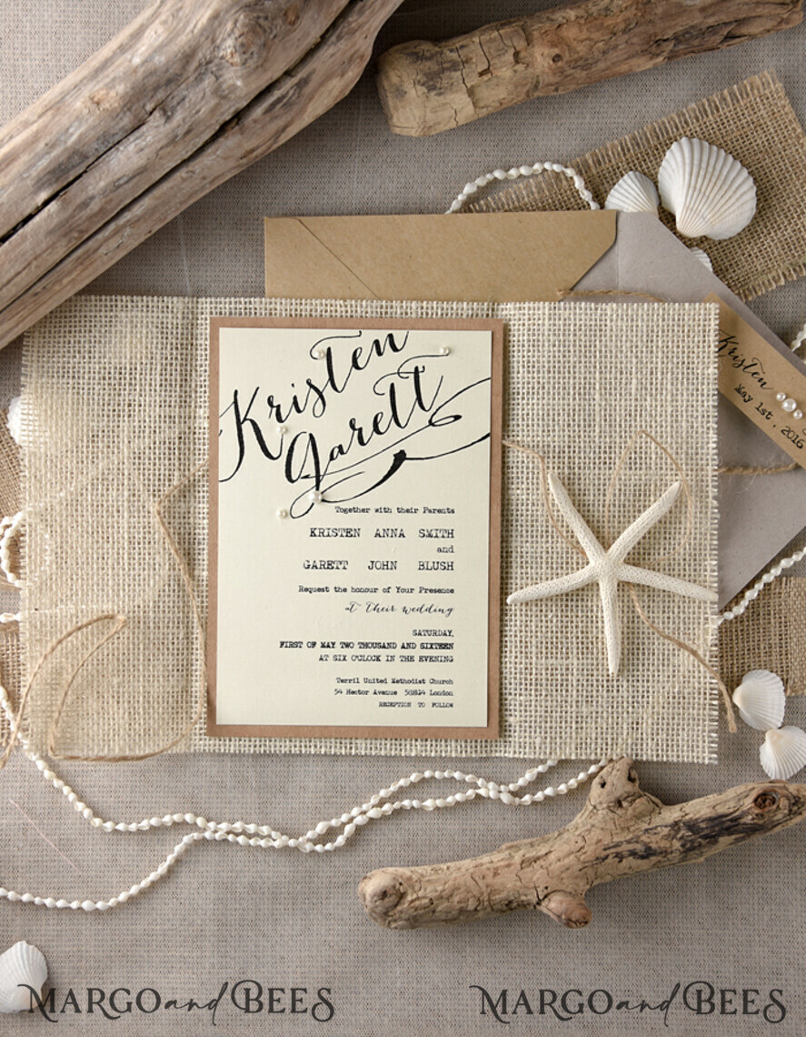 WEDDING INVITATIONS passport to love/ beach wedding invites Beach Wedding invitations Sea Shell Wedding Invites destination wedding Cards wit burlap wrapping