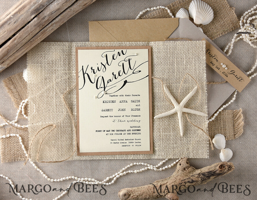 WEDDING INVITATIONS passport to love/ beach wedding invites Beach Wedding invitations Sea Shell Wedding Invites destination wedding Cards wit burlap wrapping