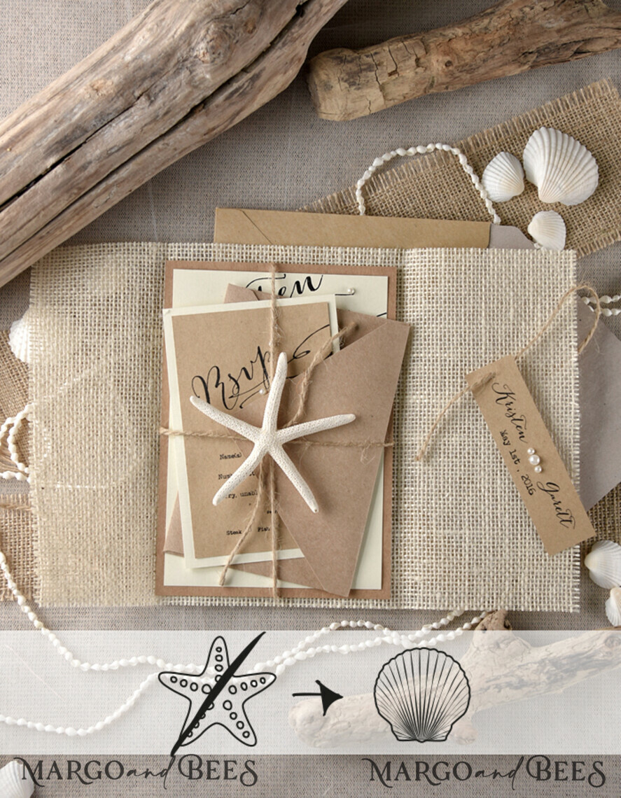 WEDDING INVITATIONS passport to love/ beach wedding invites Beach Wedding invitations Sea Shell Wedding Invites destination wedding Cards wit burlap wrapping