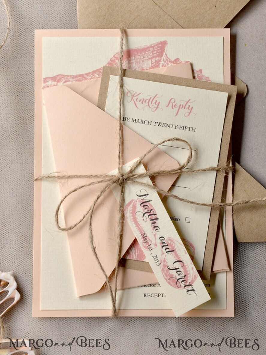WEDDING INVITATIONS passport to love/ beach wedding invites Beach Wedding invitations Seashells Wedding Invites destination wedding Cards with twine and tag