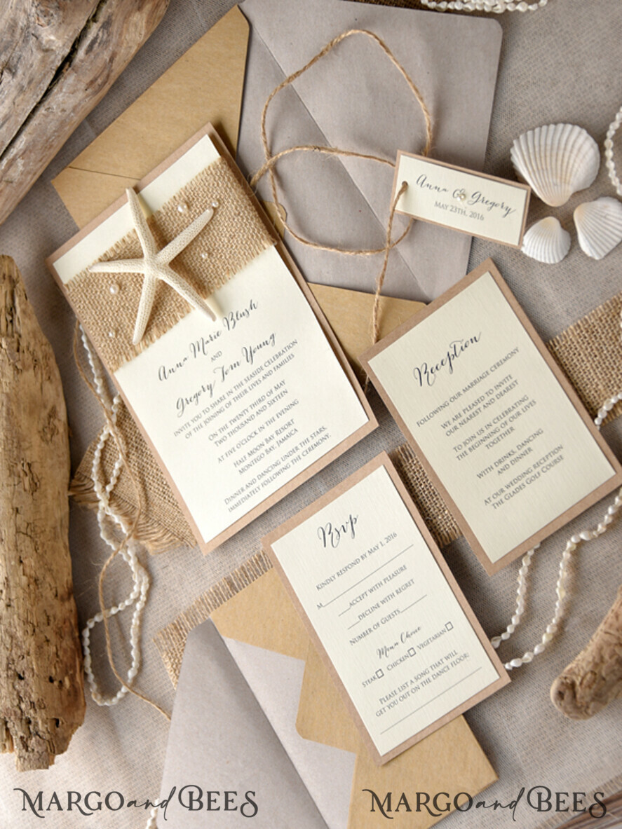 WEDDING INVITATIONS passport to love/ beach wedding invites Beach Wedding invitations starfish burlap Wedding Invites destination wedding Cards with pearls