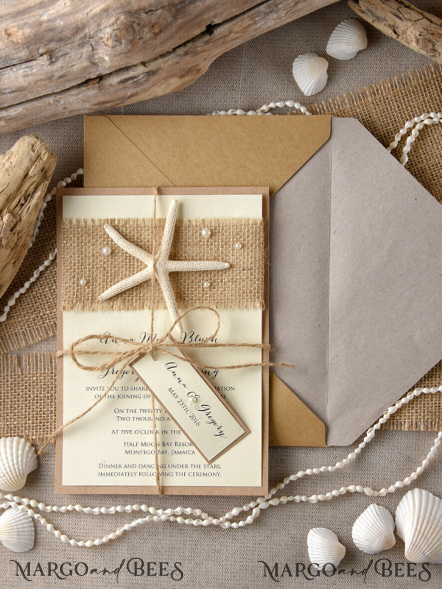 WEDDING INVITATIONS passport to love/ beach wedding invites Beach Wedding invitations starfish burlap Wedding Invites destination wedding Cards with pearls