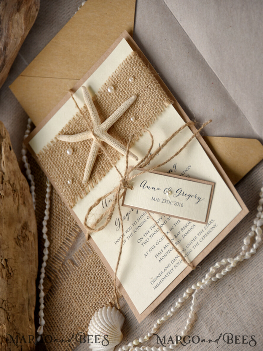 WEDDING INVITATIONS passport to love/ beach wedding invites Beach Wedding invitations starfish burlap Wedding Invites destination wedding Cards with pearls
