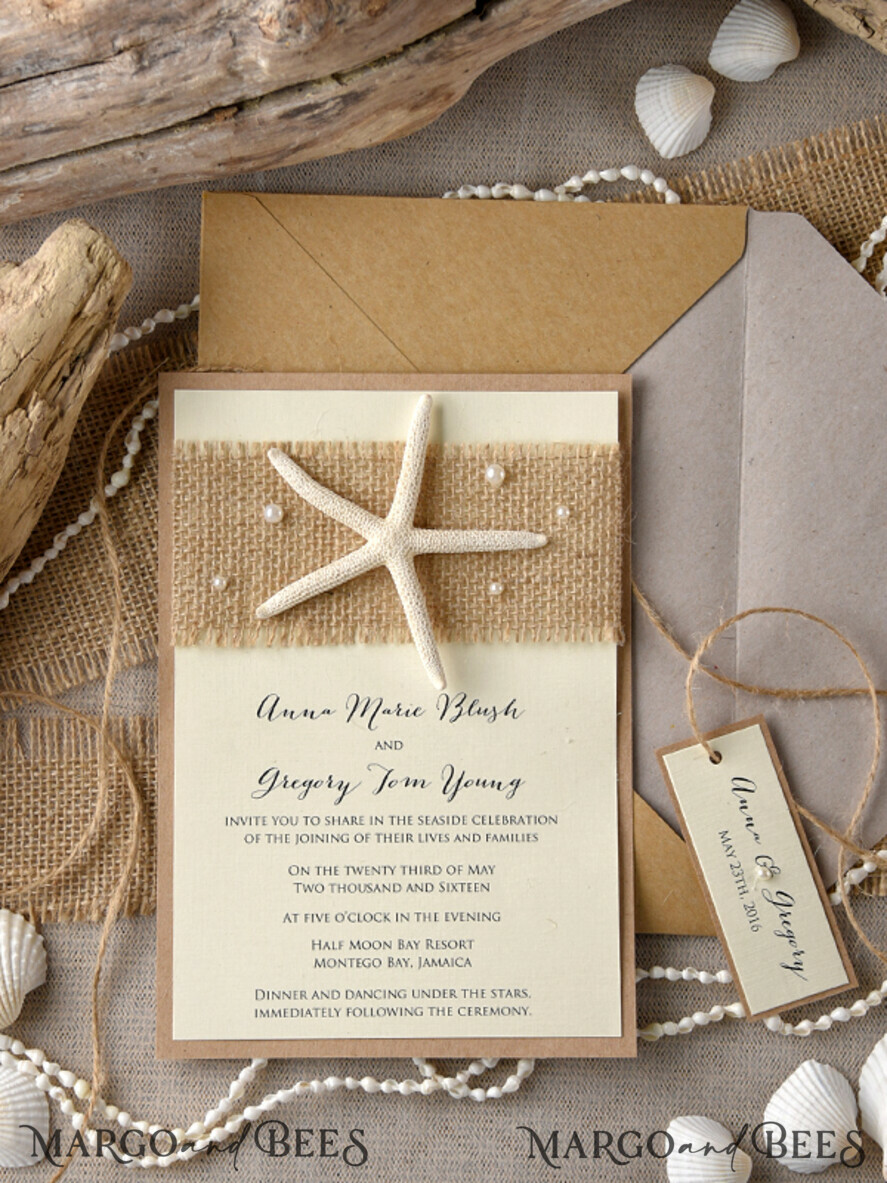 WEDDING INVITATIONS passport to love/ beach wedding invites Beach Wedding invitations starfish burlap Wedding Invites destination wedding Cards with pearls